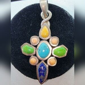 Barse sterling silver multi-gemstone cross pendant. 